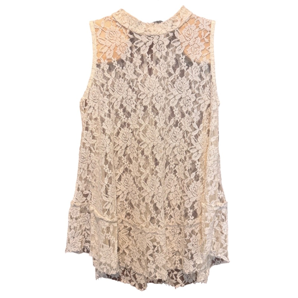 Sheer Lace Mock Neck Sleeveless Tiered Top Cream M‎ Coquette Feminine Angel